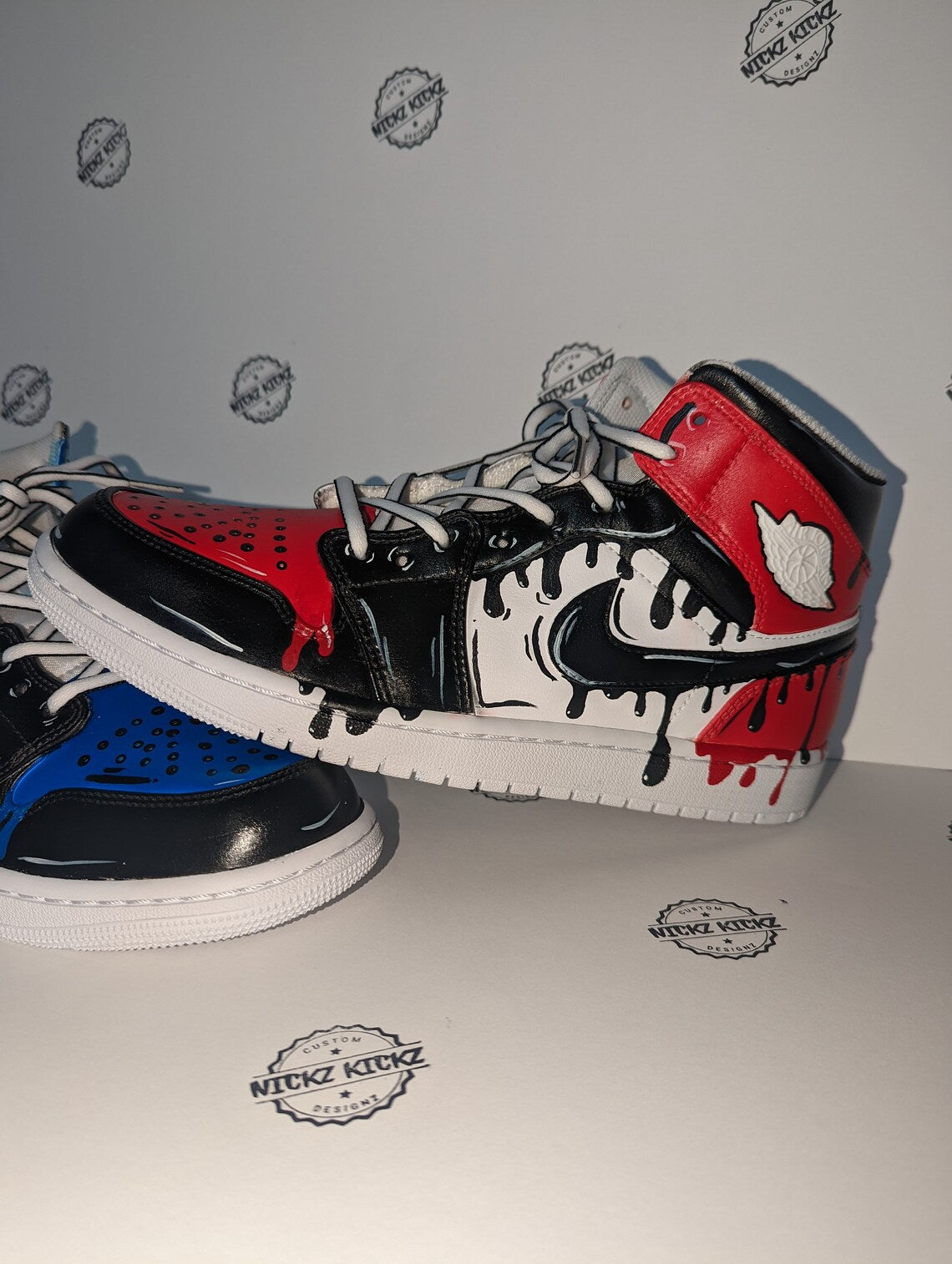 DRIPPING BLACK RED BLUE CUSTOM AIR JORDAN 1 OPEN BOX UNUSED